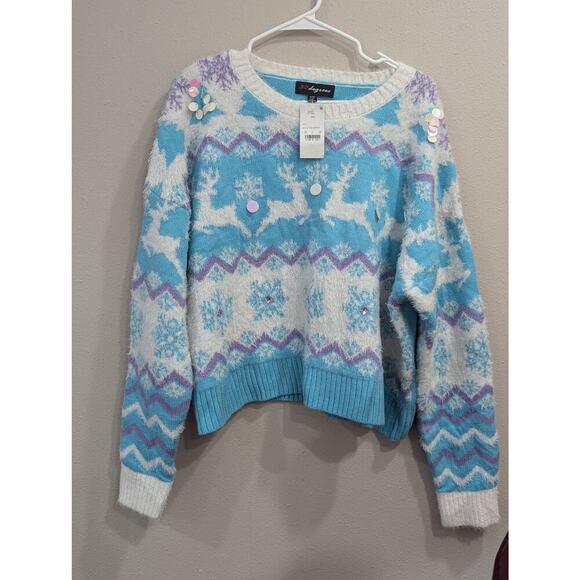 Pretty light blue & white winter themed sweater w/sequins by 33 Degrees size XXL - Picture 1 of 8